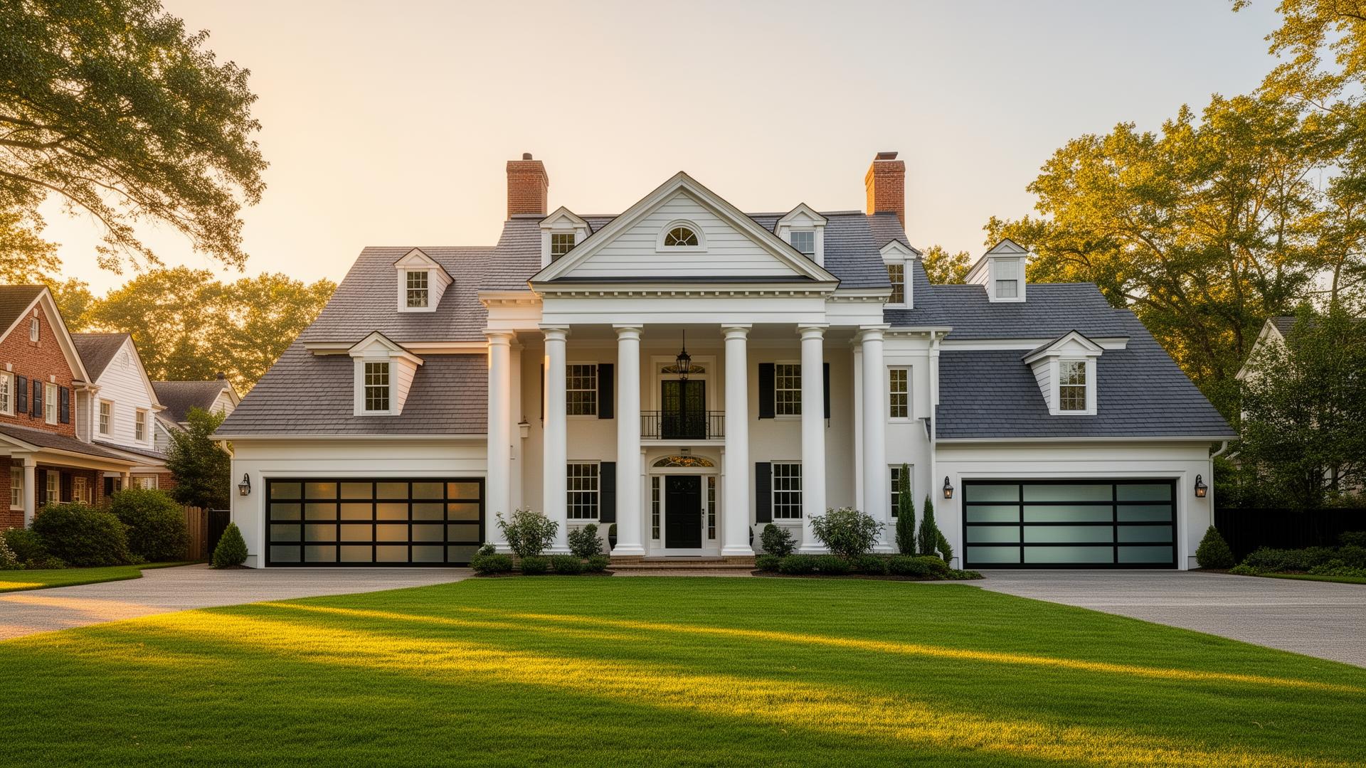 Modern ultra-modern glass and black aluminum garage doors on Georgian mansion - premium garage door installation in Warrenton NC